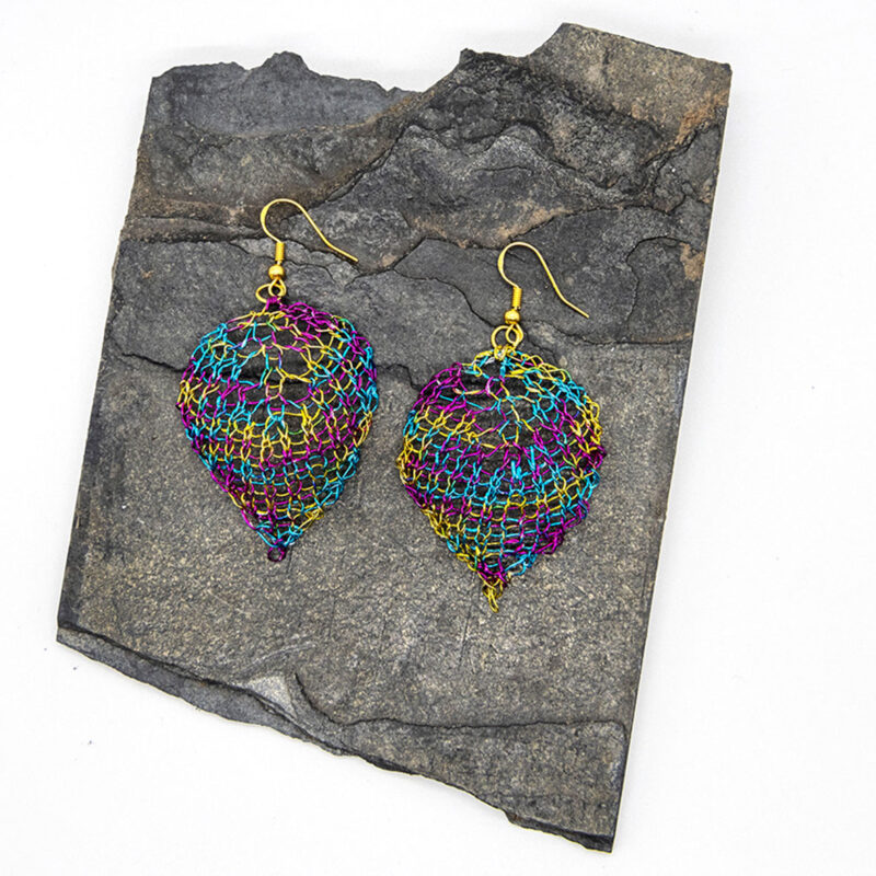 Crochet Wire Leaf Earrings in Rainbow